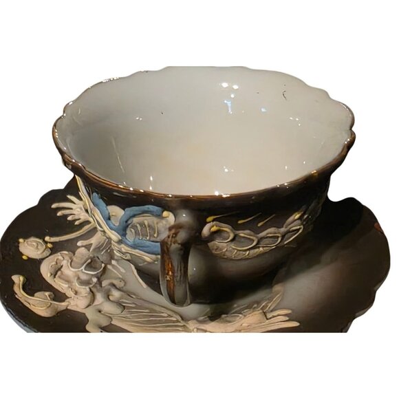 DRAGON Ware Black Moriage Tea Cup and Saucer Japan Demitasse Set Embossed Design - Picture 4 of 16